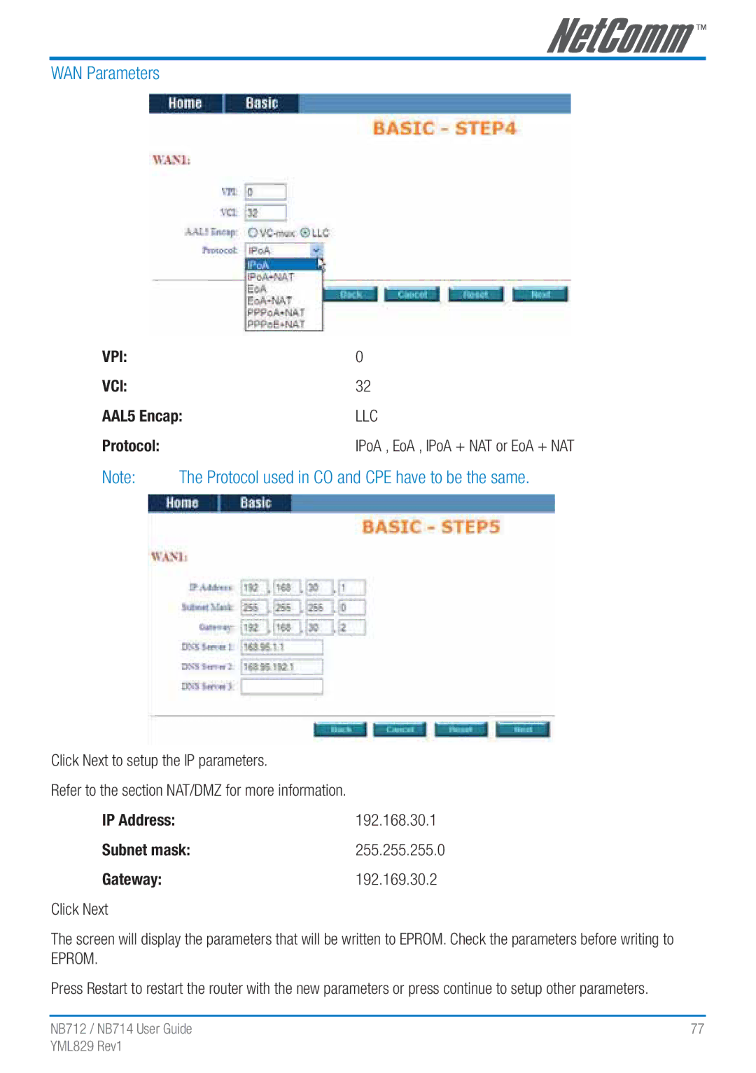 NetComm NB712 manual WAN Parameters, Click Next to setup the IP parameters 