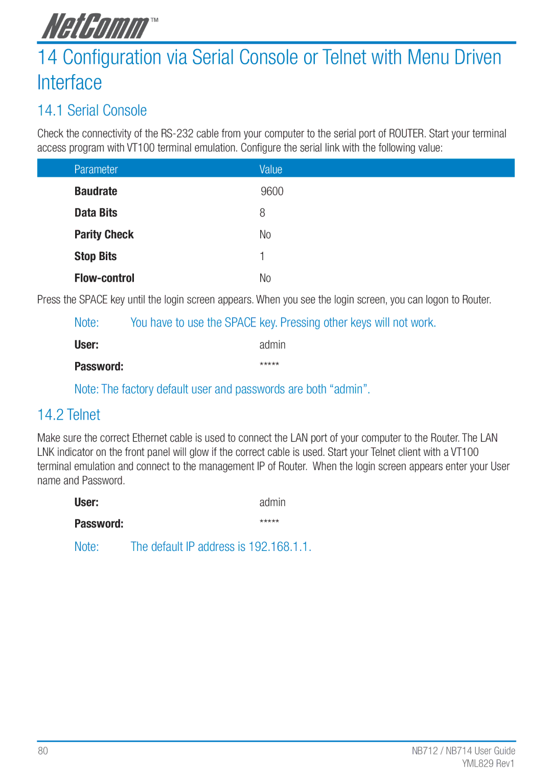 NetComm NB712 Serial Console, Telnet, Baudrate 9600 Data Bits Parity Check Stop Bits Flow-control, Useradmin Password 