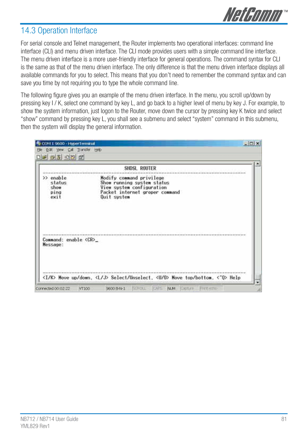 NetComm NB712 manual Operation Interface 