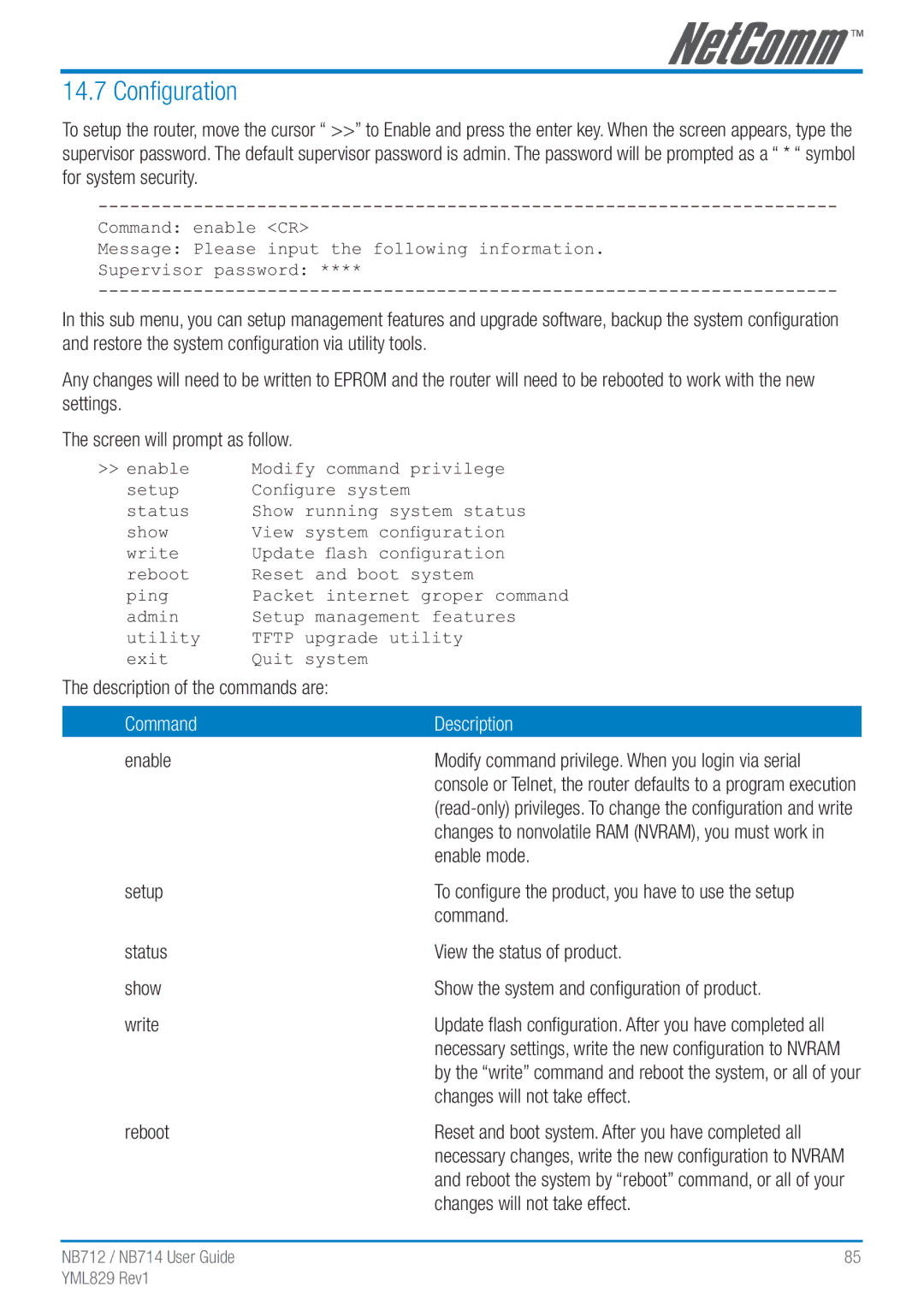 NetComm NB712 manual 14.7 Conﬁguration 