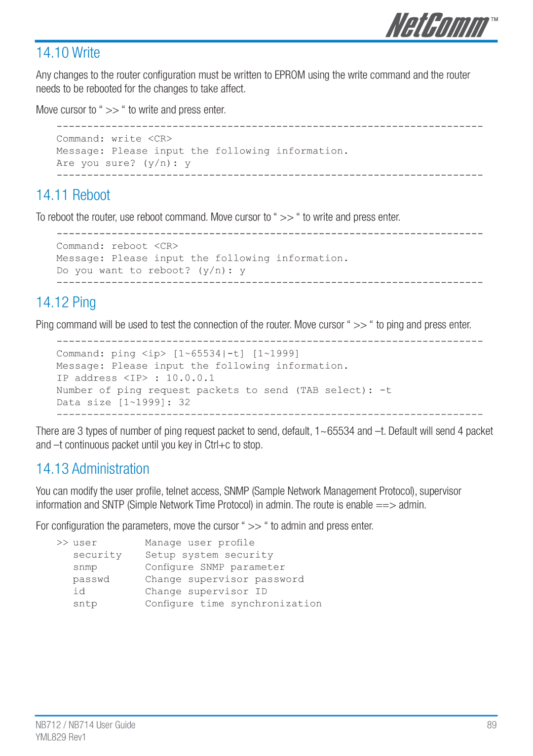 NetComm NB712 manual Write, Reboot, Ping, Administration 