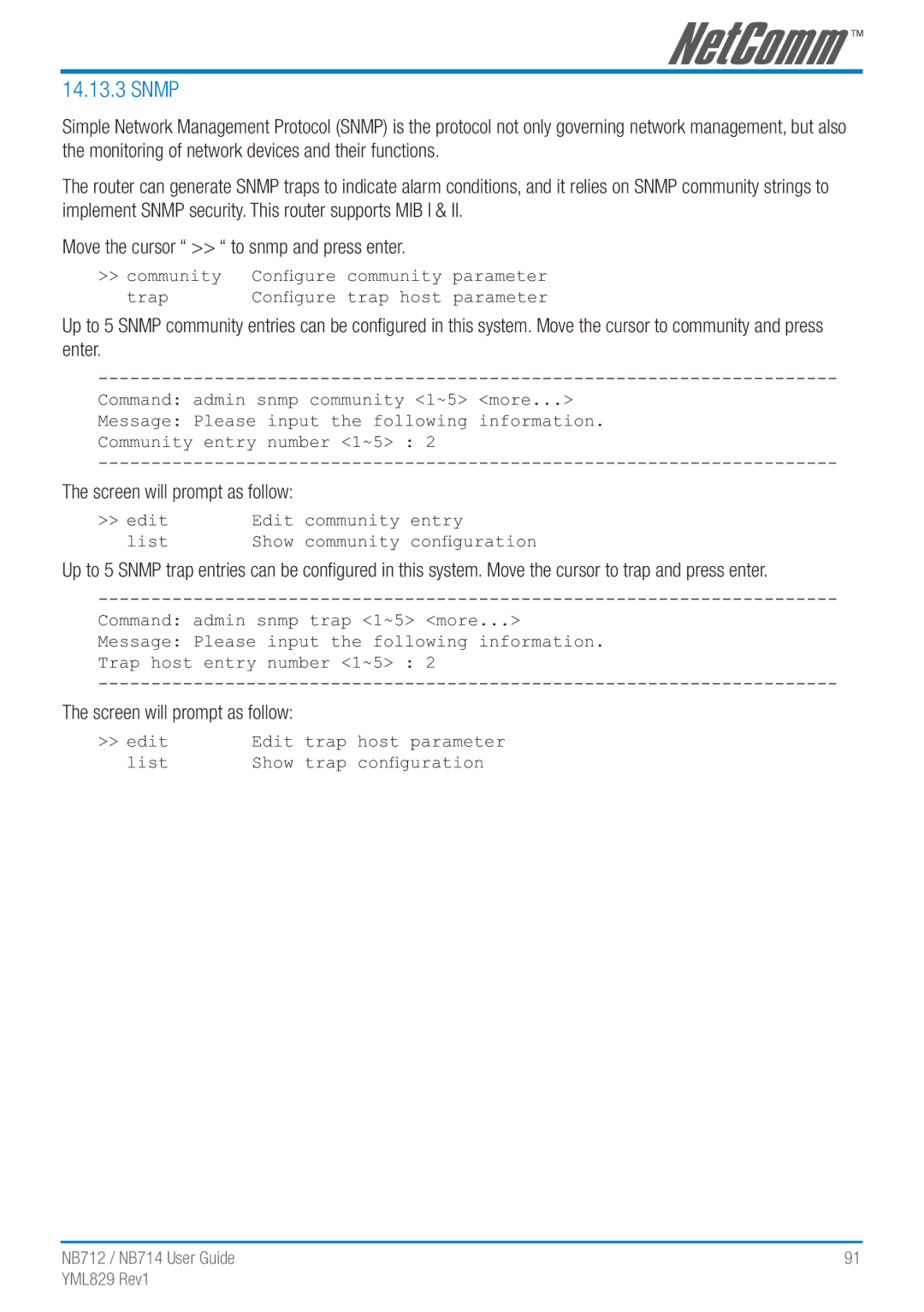 NetComm NB712 manual Snmp, Edit Community Entry List Show 