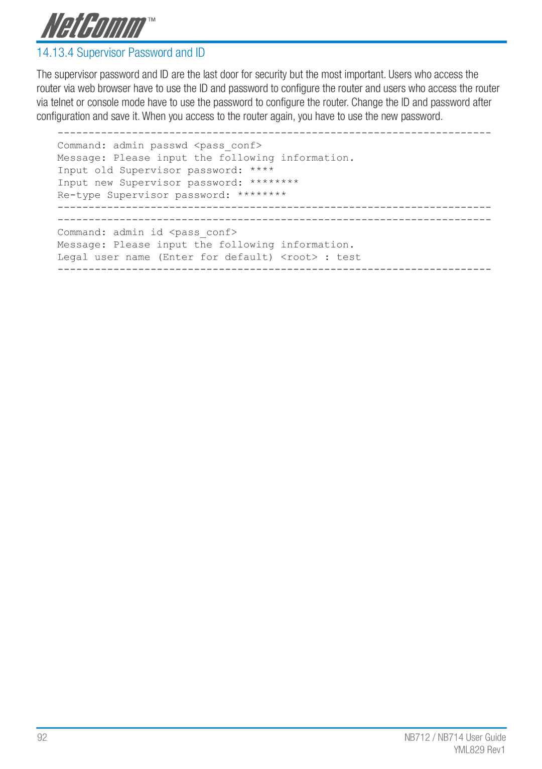 NetComm NB712 manual Supervisor Password and ID 