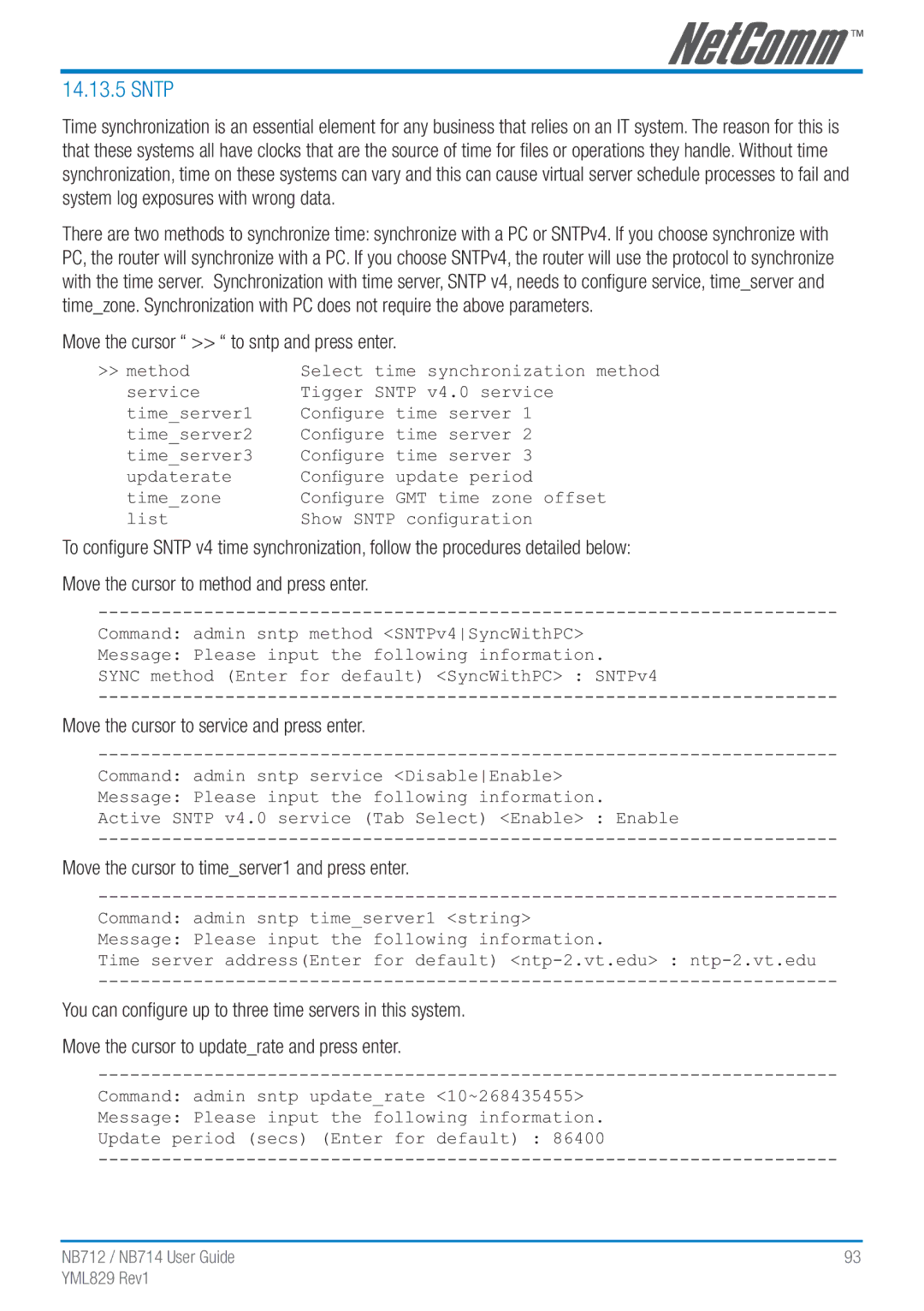 NetComm NB712 manual Sntp, Move the cursor to sntp and press enter, Move the cursor to service and press enter 