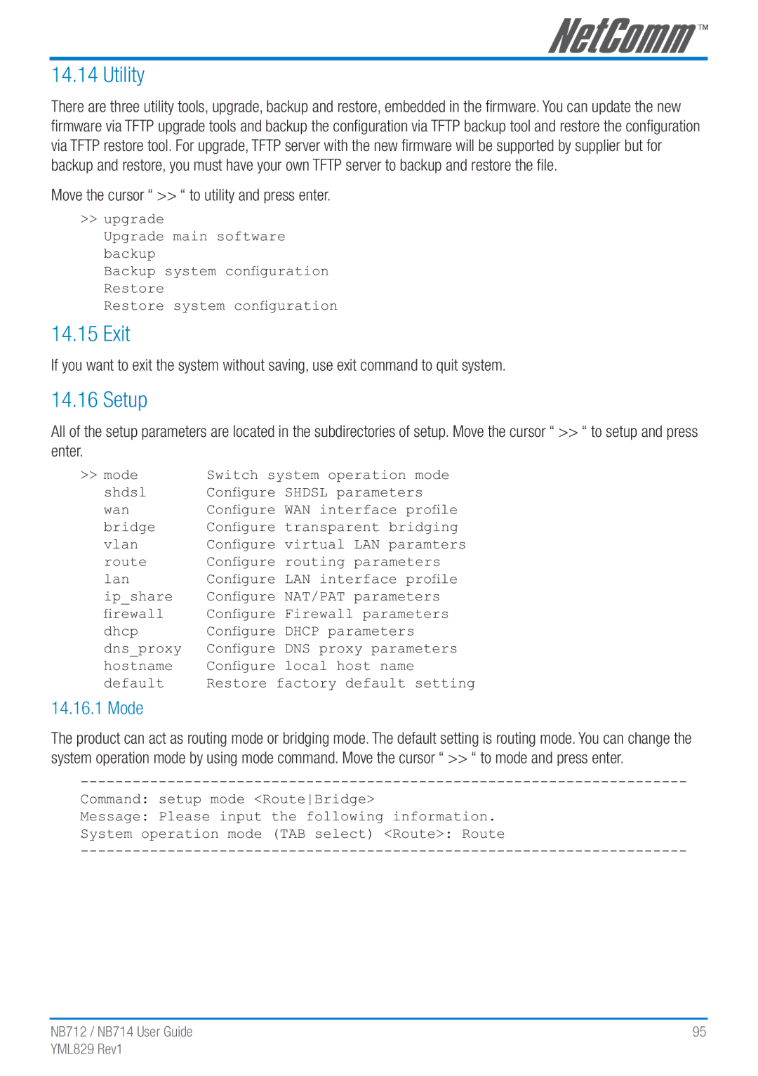 NetComm NB712 manual Utility, Exit, Setup, Mode, Move the cursor to utility and press enter 