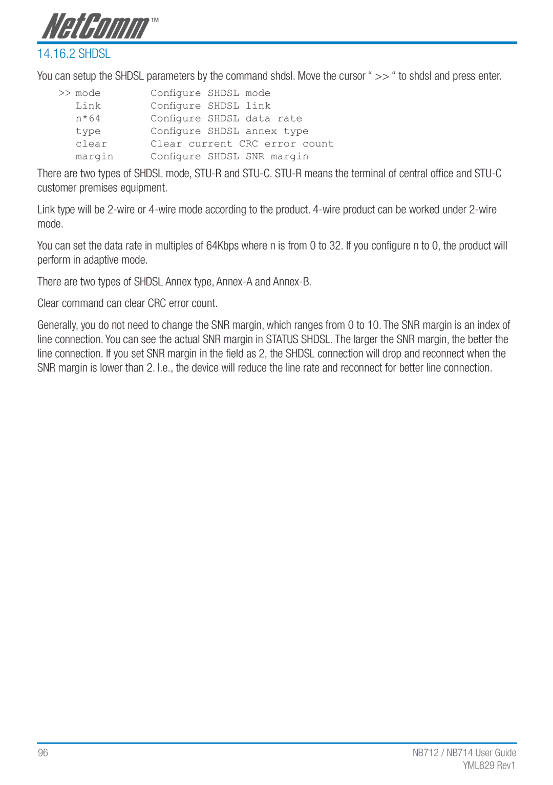 NetComm NB712 manual Shdsl 