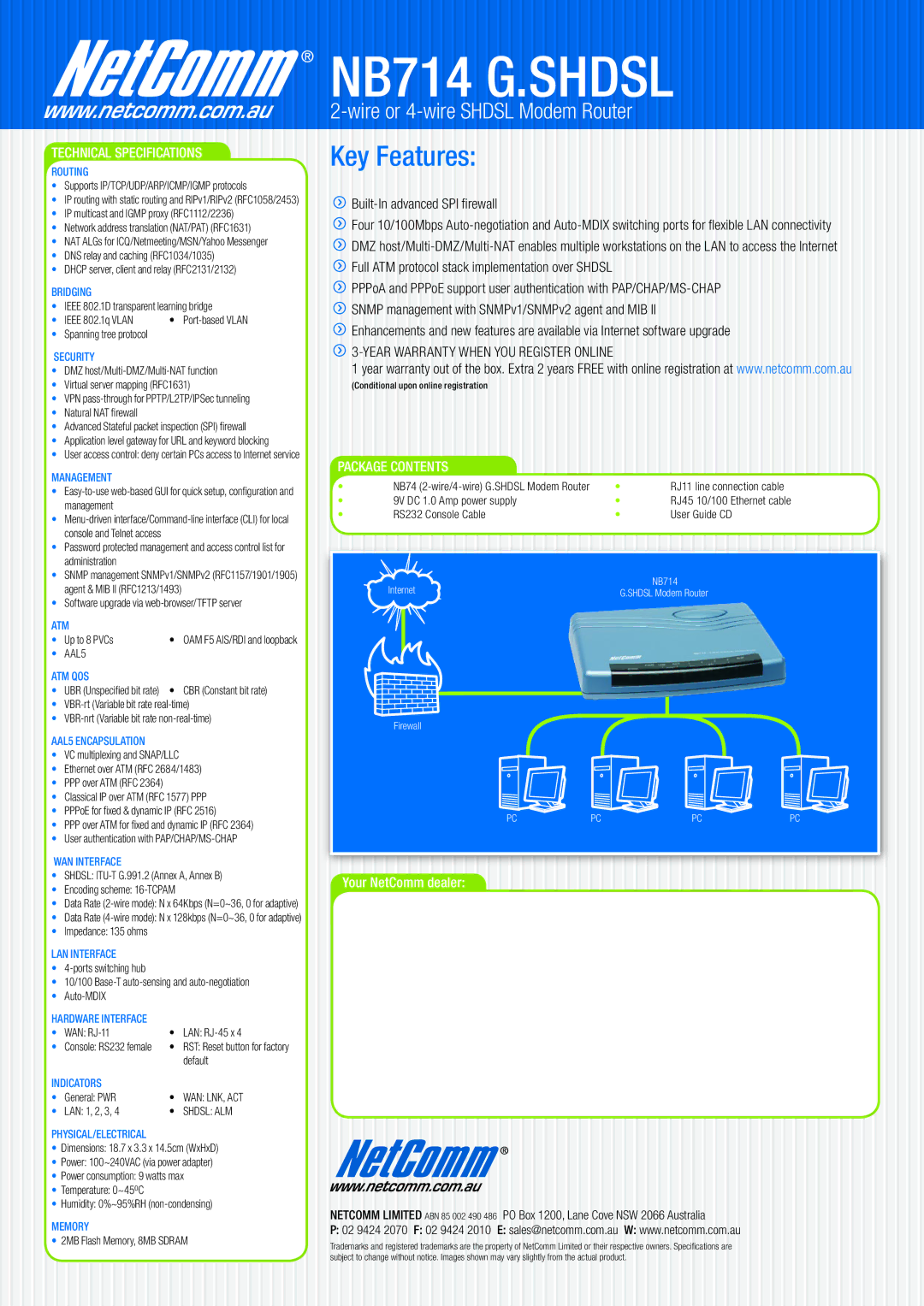 NetComm NB714 manual Key Features 