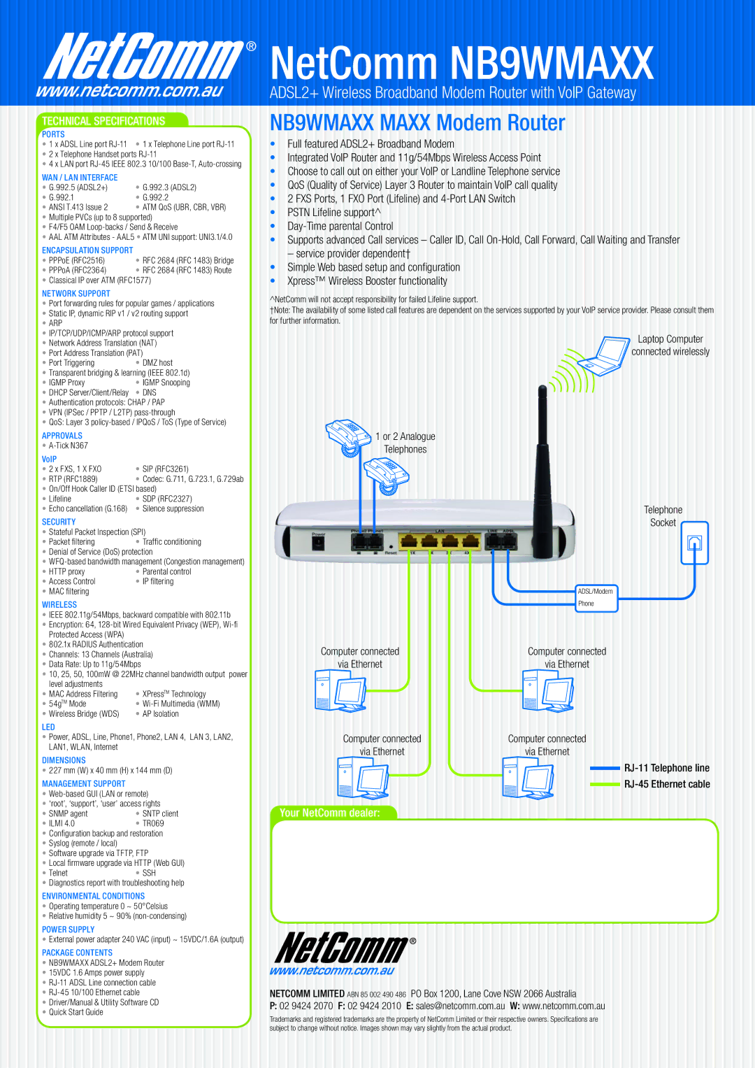 NetComm NB9WMAXX Ports, Network Support, Approvals, Security, Wireless, Led, Dimensions, Management Support, Power Supply 