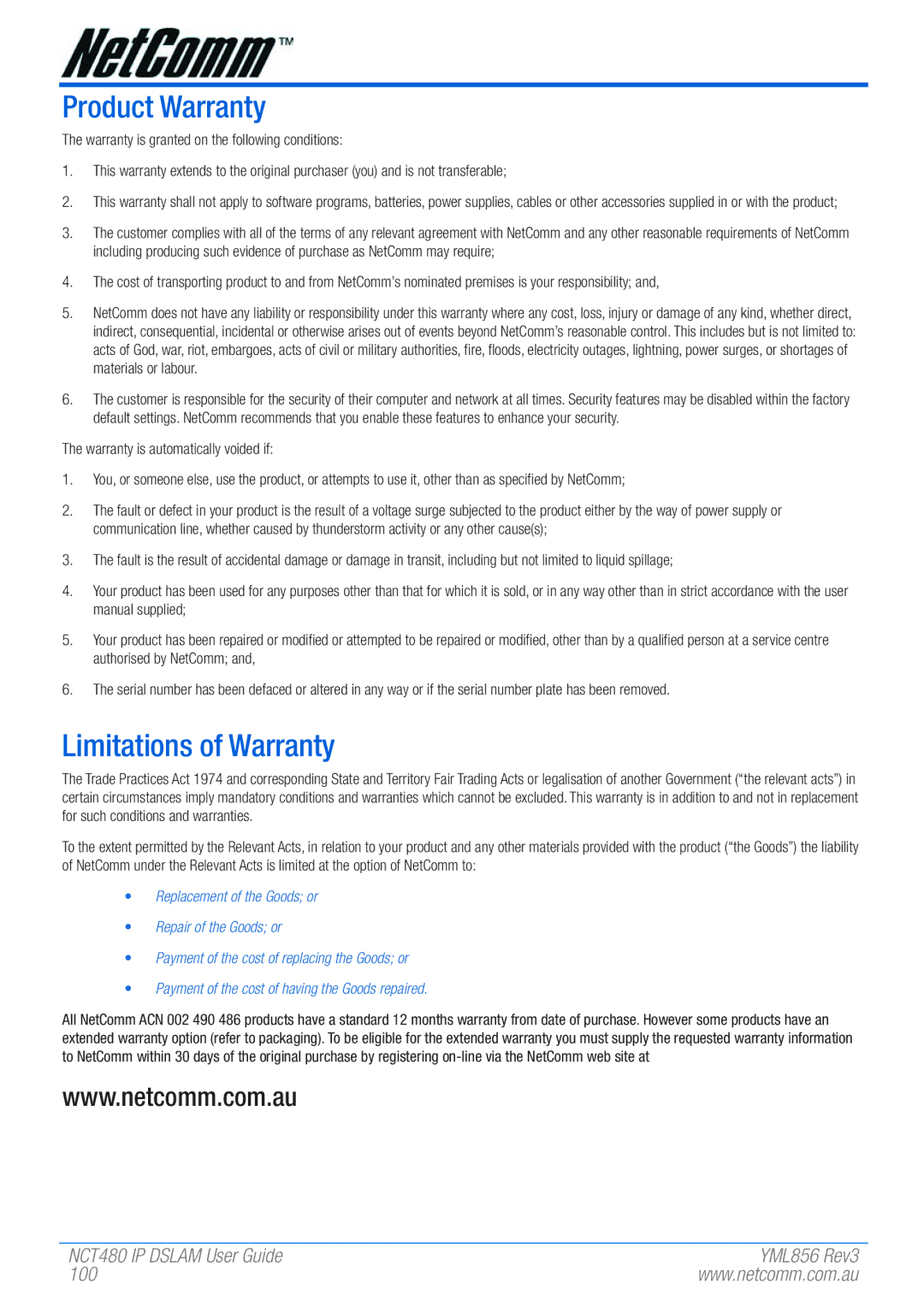 NetComm NCT480 manual Product Warranty, Limitations of Warranty 