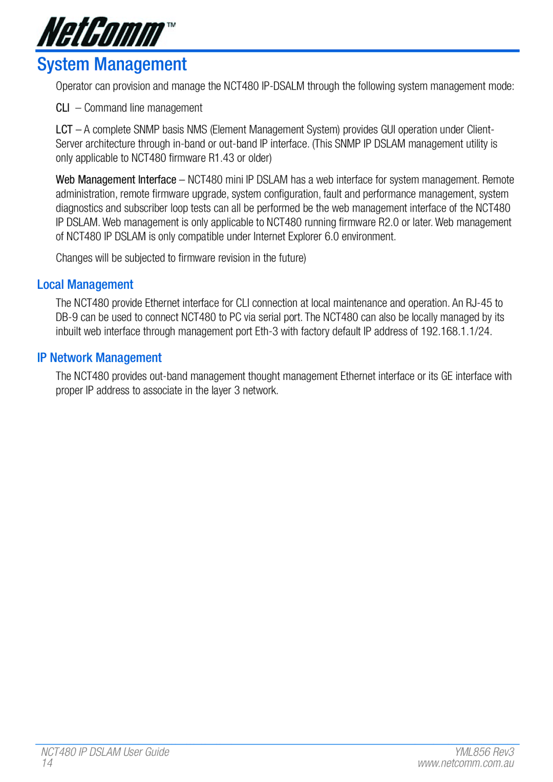 NetComm NCT480 manual System Management, Local Management, IP Network Management 