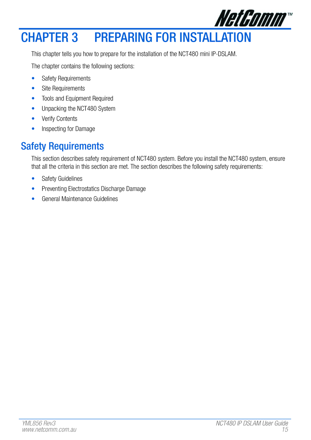 NetComm NCT480 manual Preparing for Installation, Safety Requirements 