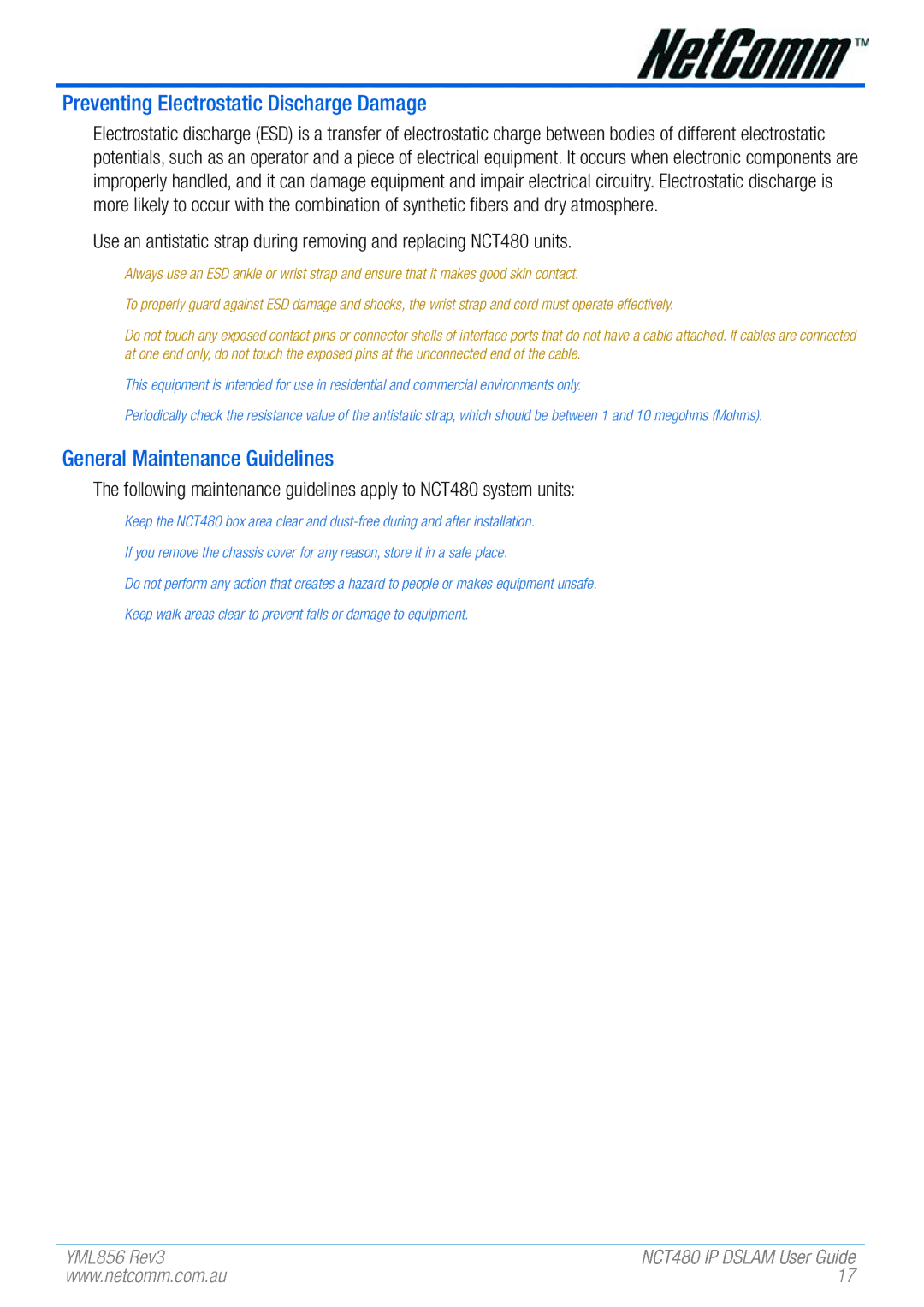 NetComm NCT480 manual Preventing Electrostatic Discharge Damage, General Maintenance Guidelines 