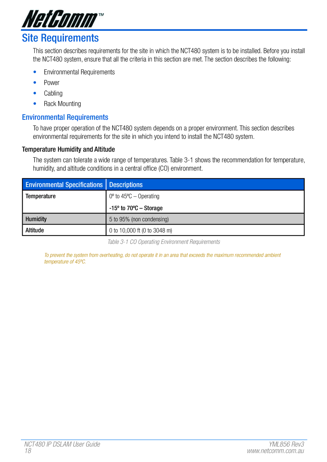 NetComm NCT480 manual Site Requirements, Environmental Requirements 