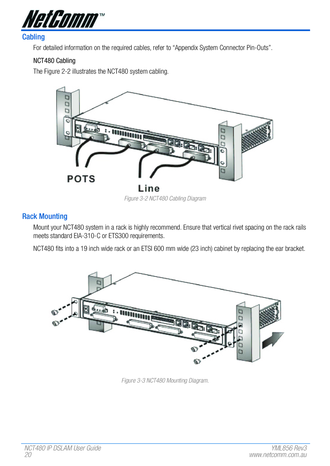 NetComm NCT480 manual Cabling, Rack Mounting 