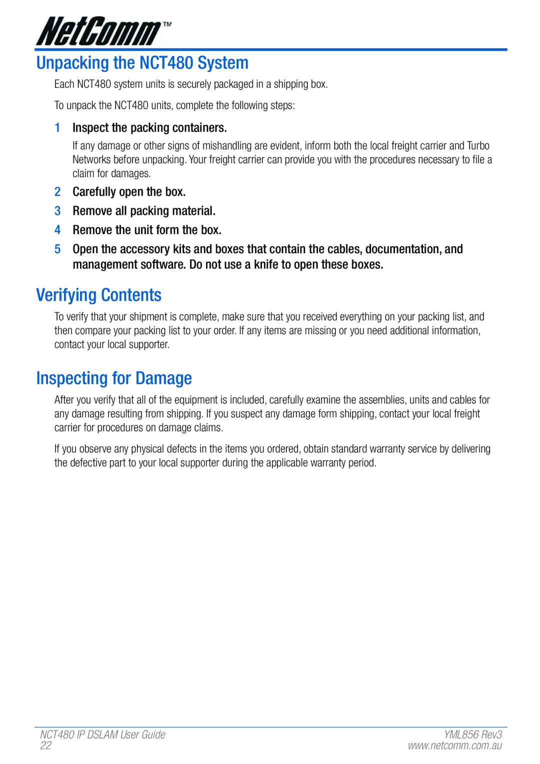 NetComm manual Unpacking the NCT480 System, Verifying Contents, Inspecting for Damage 