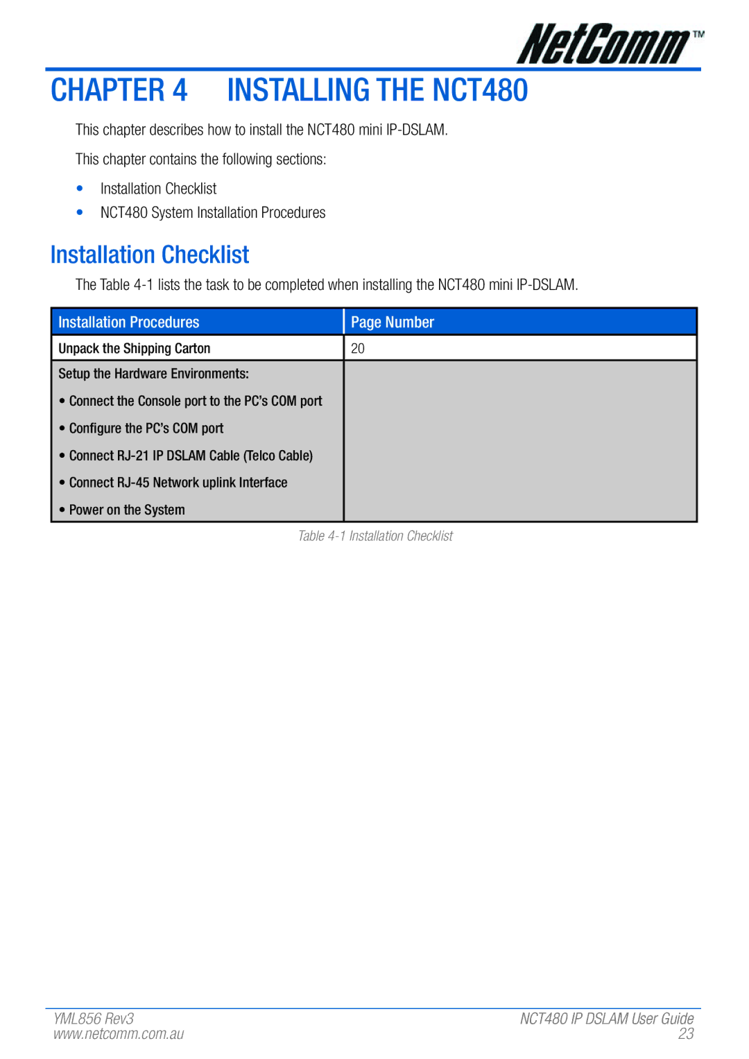 NetComm manual Installing the NCT480, Installation Checklist 