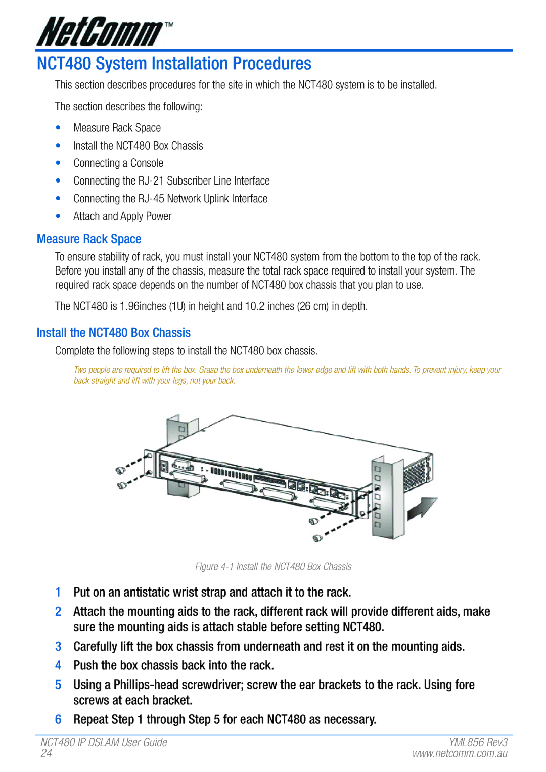 NetComm manual NCT480 System Installation Procedures, Measure Rack Space, Install the NCT480 Box Chassis 