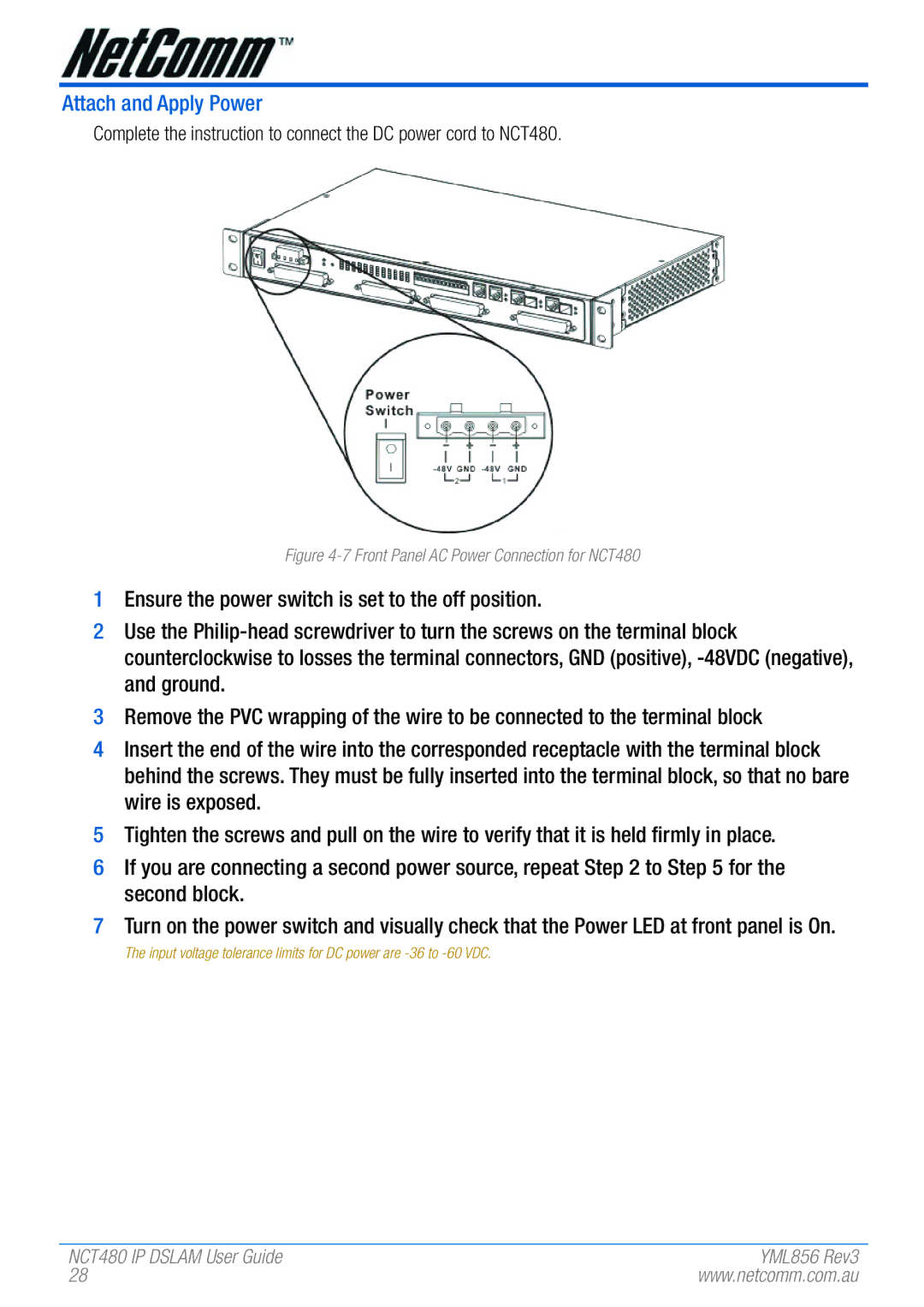 NetComm manual Attach and Apply Power, Front Panel AC Power Connection for NCT480 