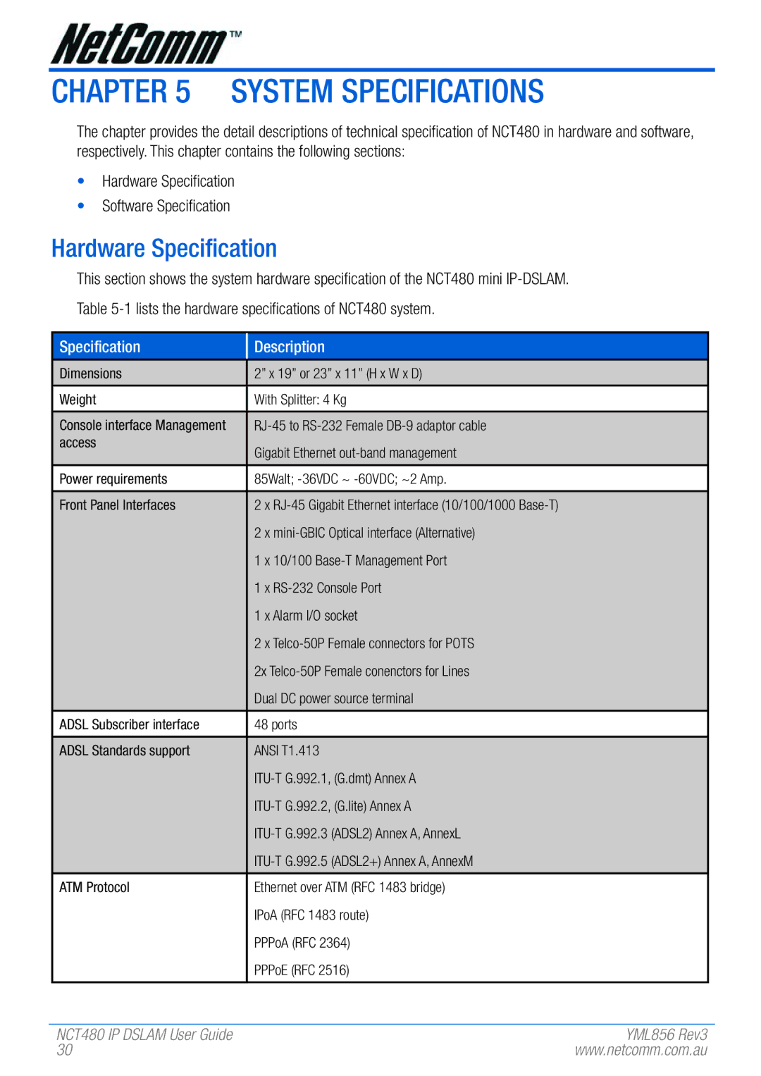 NetComm NCT480 manual System Specifications, Hardware Specification, RJ-45 to RS-232 Female DB-9 adaptor cable 