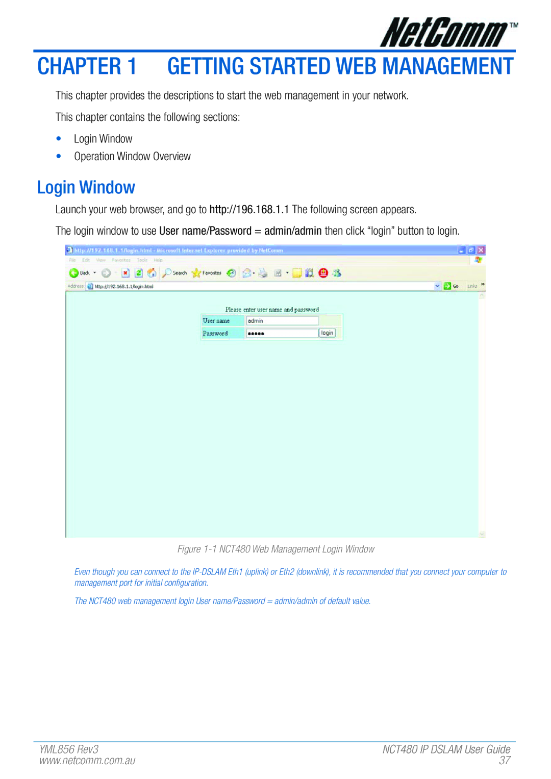 NetComm NCT480 manual Getting Started Web Management, Login Window 