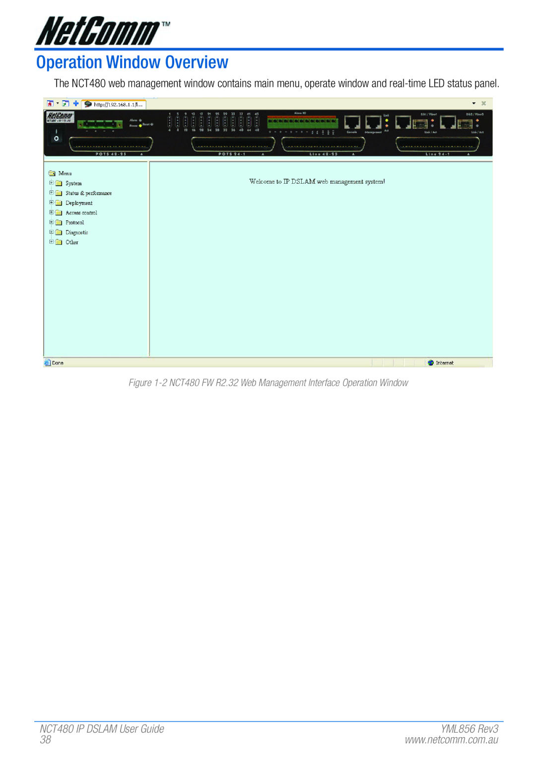 NetComm manual Operation Window Overview, NCT480 FW R2.32 Web Management Interface Operation Window 