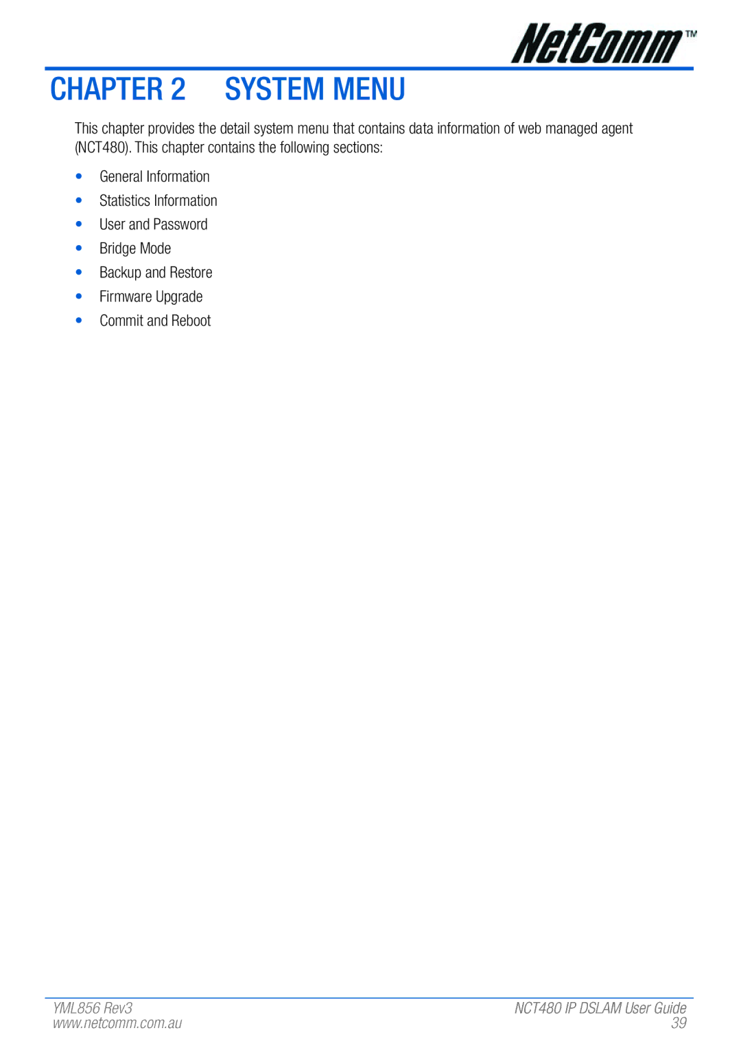 NetComm NCT480 manual System Menu 