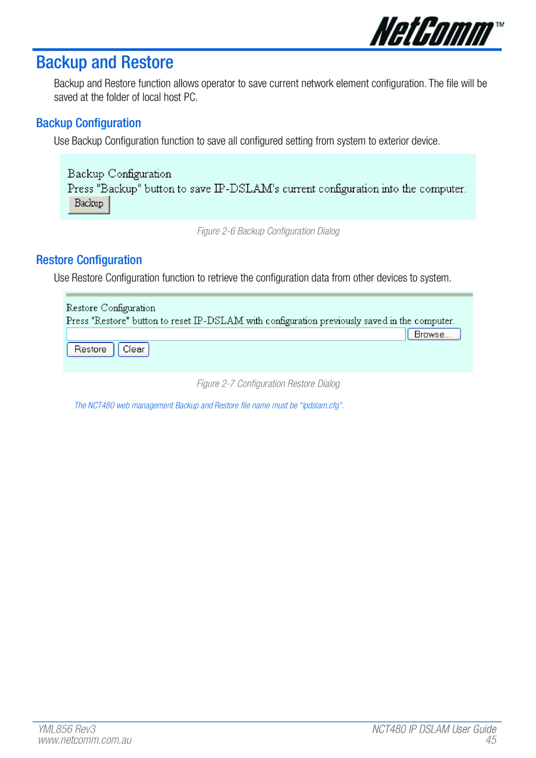 NetComm NCT480 manual Backup and Restore, Backup Configuration, Restore Configuration 