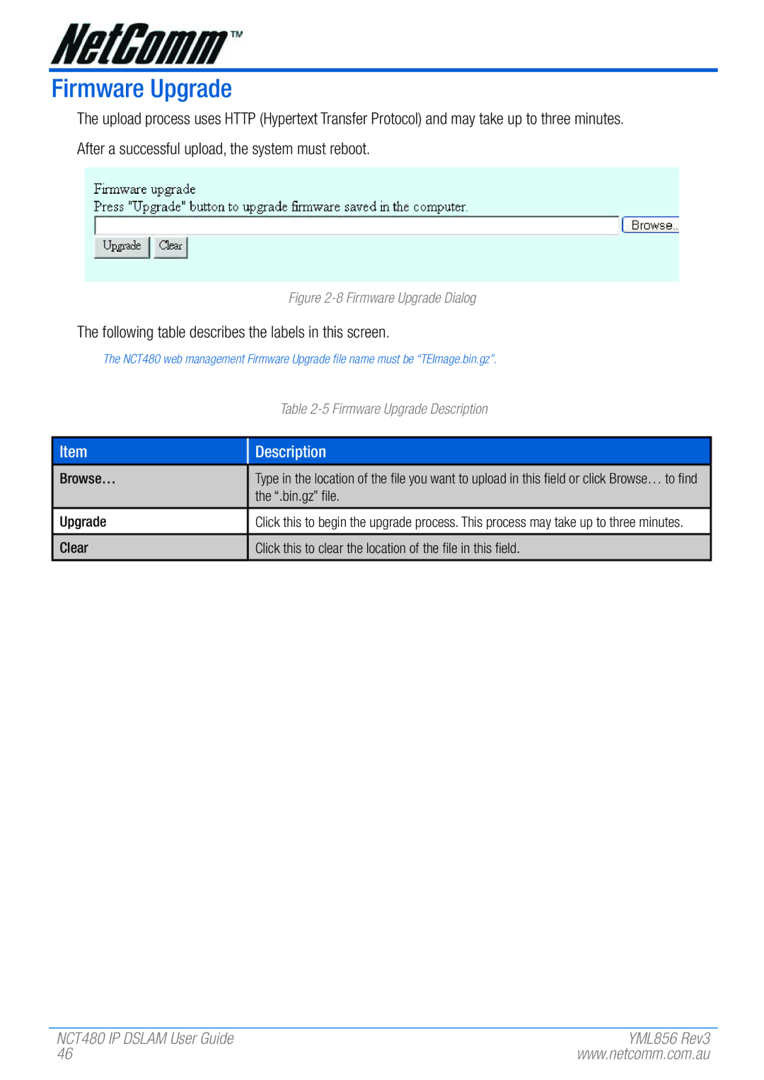 NetComm NCT480 manual Firmware Upgrade, Browse… Upgrade Clear, Click this to clear the location of the file in this field 