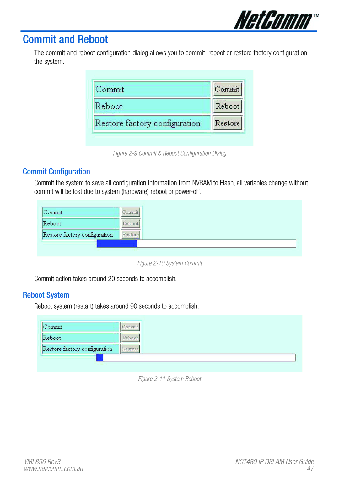 NetComm NCT480 manual Commit and Reboot, Commit Configuration, Reboot System 