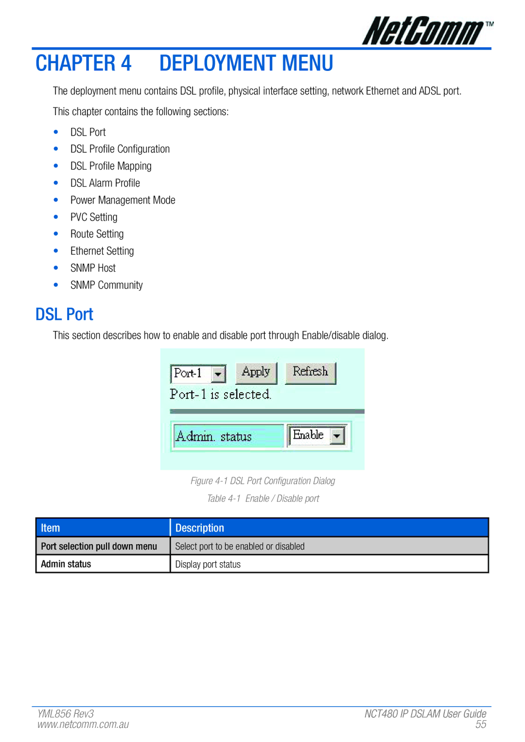 NetComm NCT480 manual Deployment Menu, DSL Port, Select port to be enabled or disabled, Admin status Display port status 