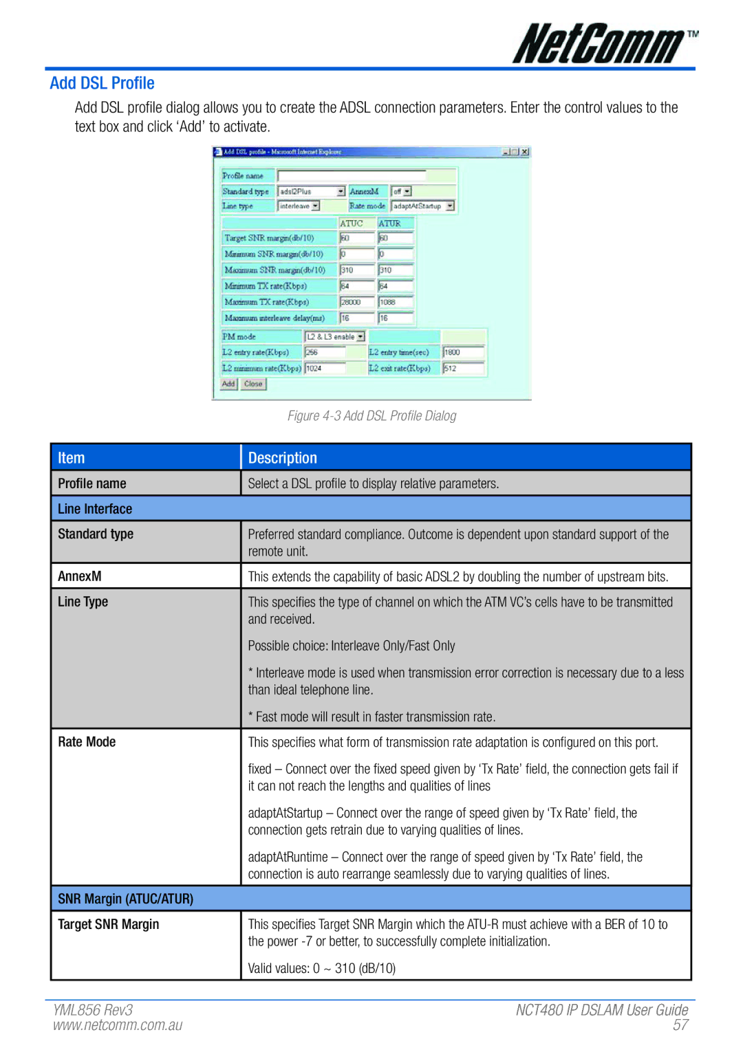 NetComm NCT480 manual Add DSL Profile 