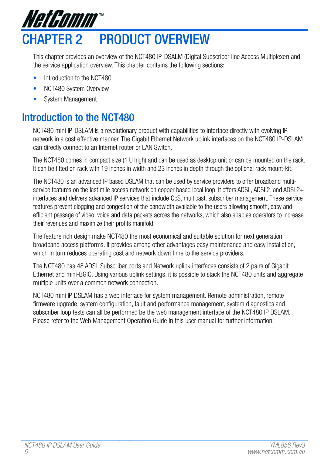 NetComm manual Product Overview, Introduction to the NCT480 