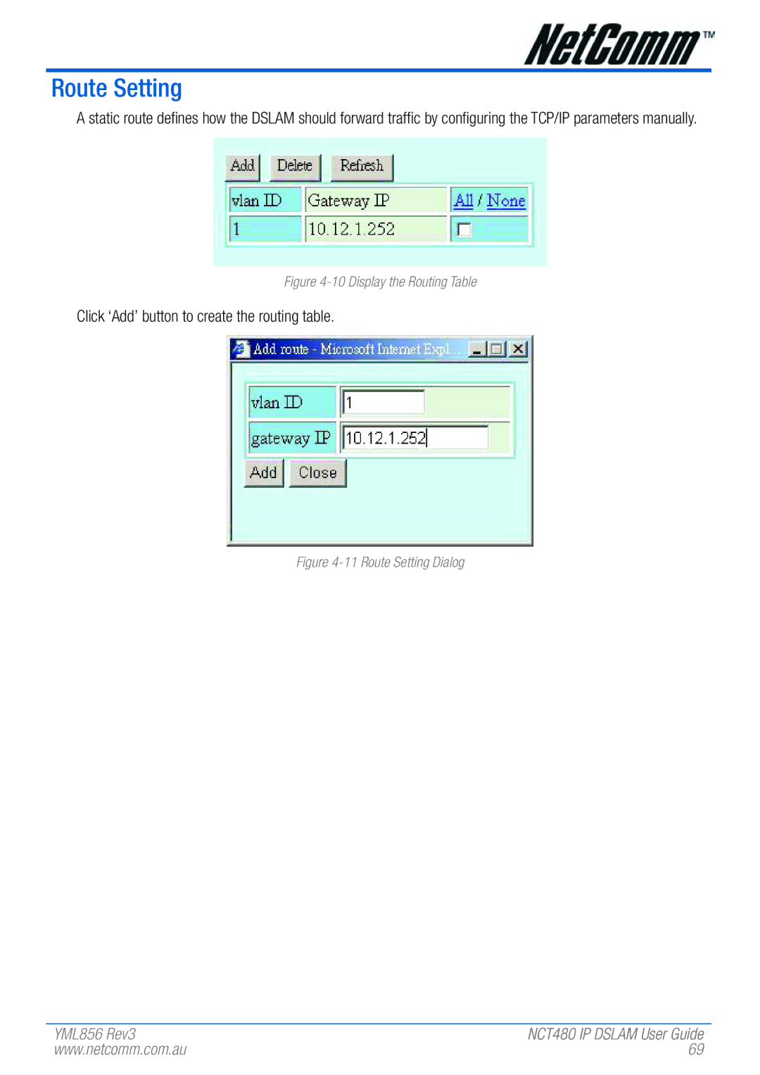 NetComm NCT480 manual Route Setting, Display the Routing Table 