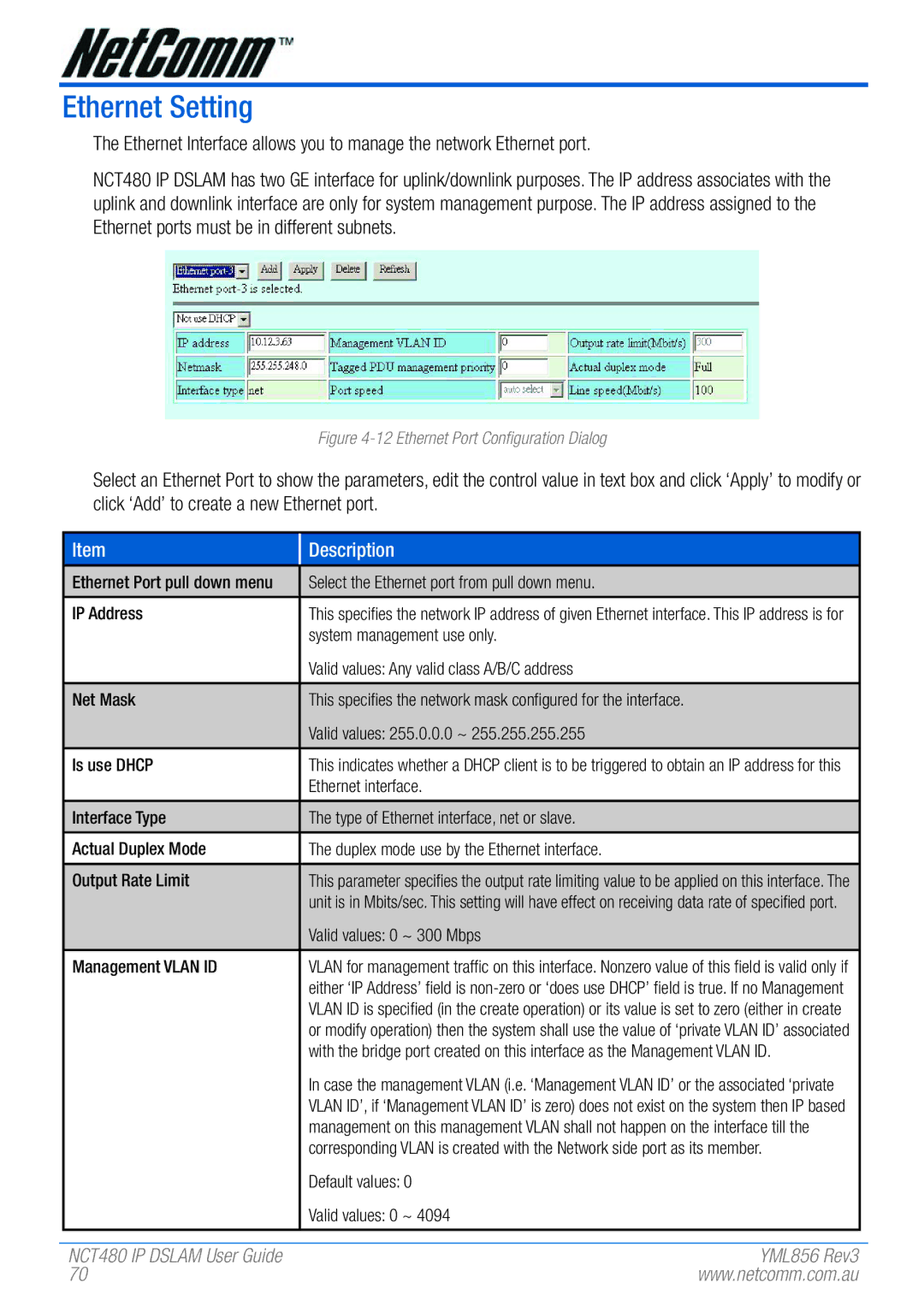 NetComm NCT480 manual Ethernet Setting 