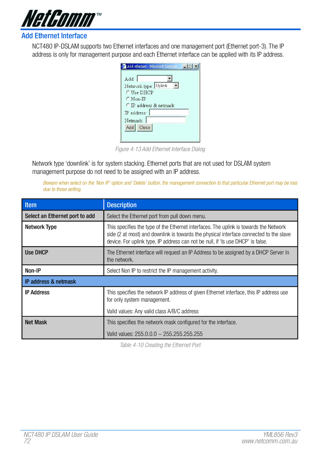 NetComm NCT480 manual Add Ethernet Interface, Network Type, Use Dhcp, For only system management 