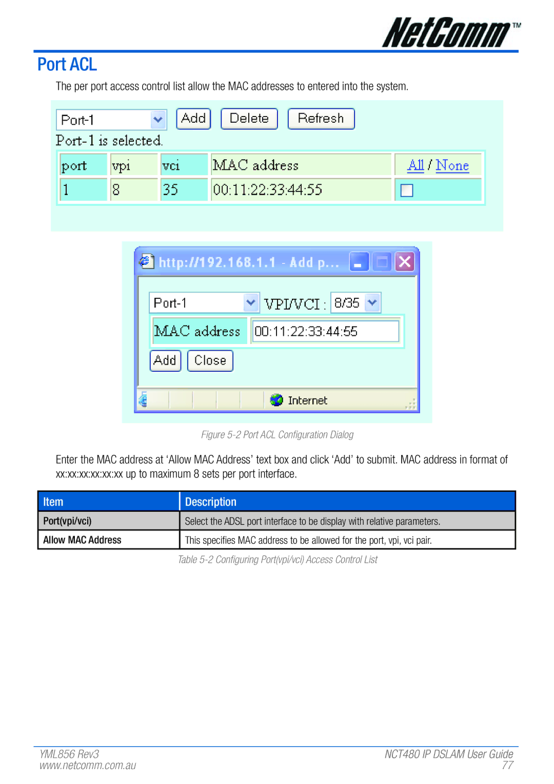 NetComm NCT480 manual Port ACL Configuration Dialog 