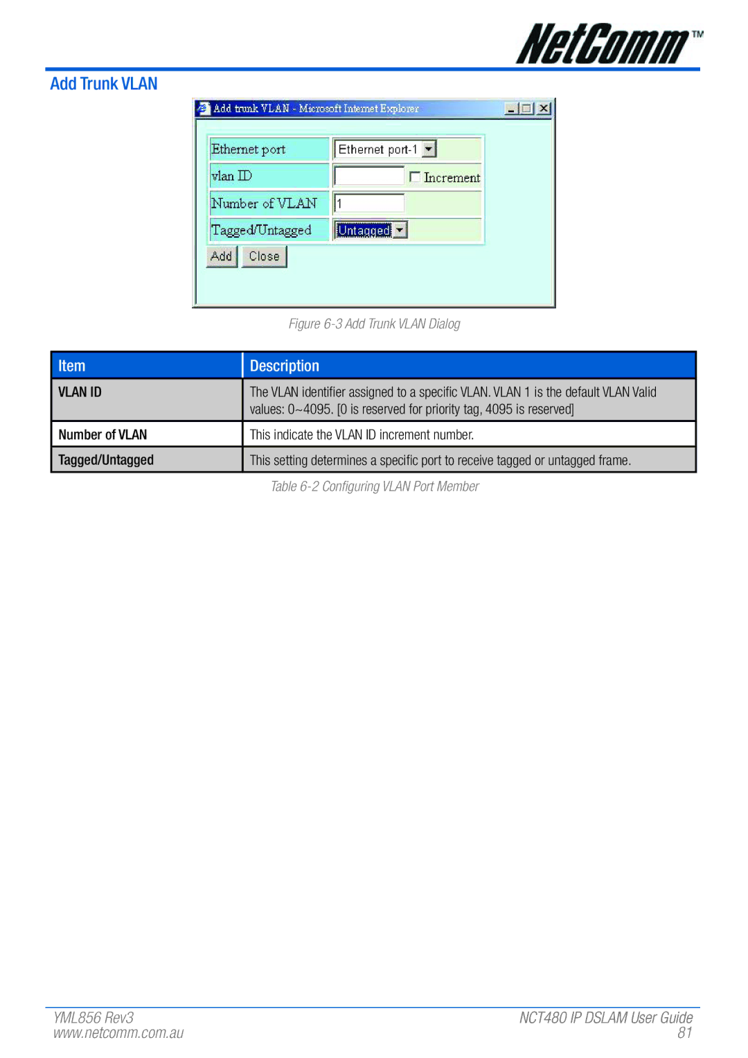 NetComm NCT480 manual Add Trunk Vlan, Values 0~4095 is reserved for priority tag, 4095 is reserved 