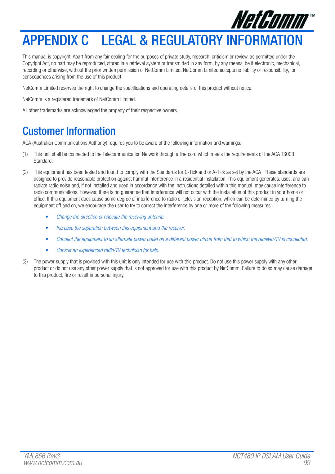 NetComm NCT480 manual Appendix C Legal & Regulatory Information, Customer Information 