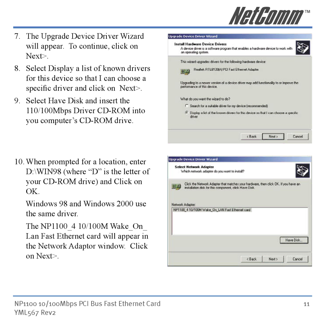 NetComm manual NP1100 10/100Mbps PCI Bus Fast Ethernet Card YML567 Rev2 