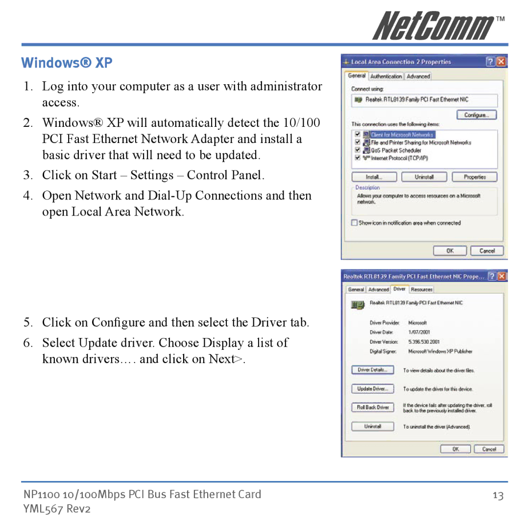 NetComm NP1100 manual Windows XP 