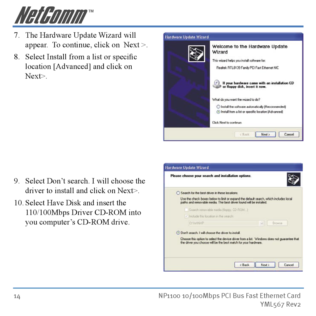 NetComm manual NP1100 10/100Mbps PCI Bus Fast Ethernet Card 