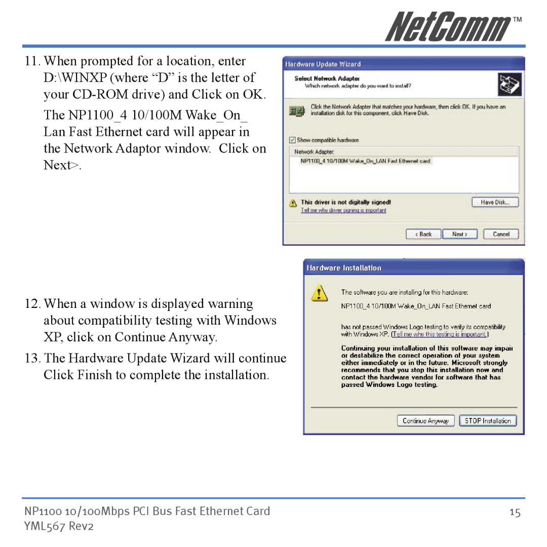 NetComm manual NP1100 10/100Mbps PCI Bus Fast Ethernet Card YML567 Rev2 