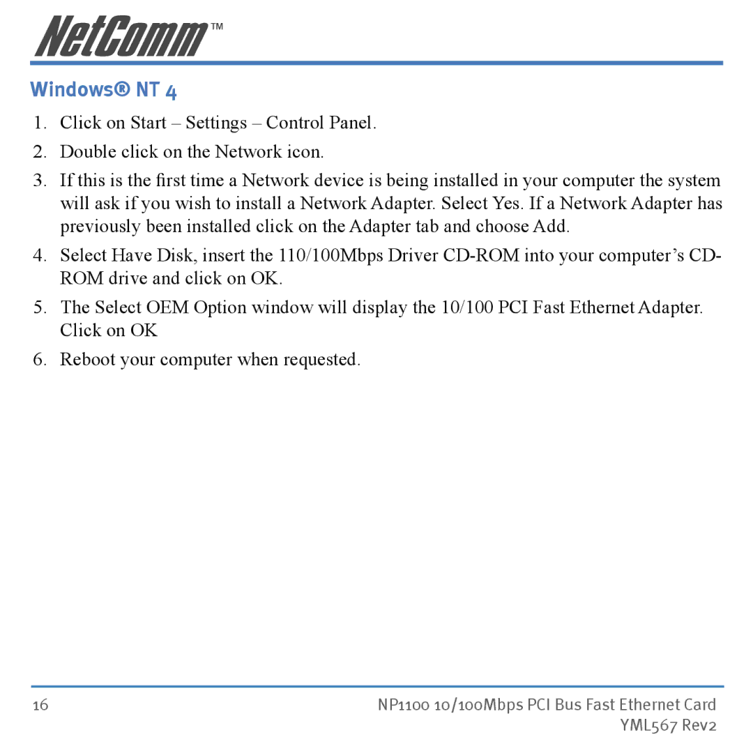 NetComm NP1100 manual Windows NT 