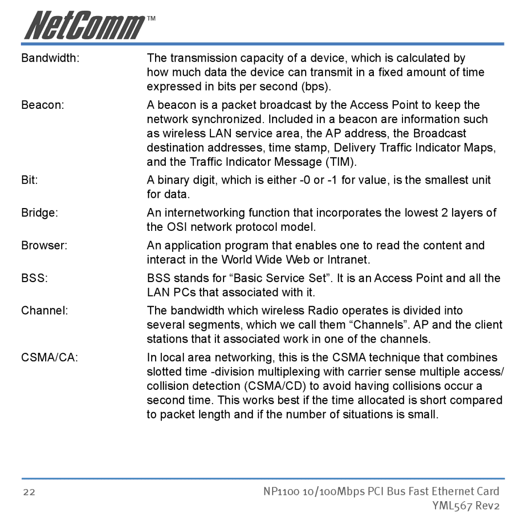 NetComm NP1100 manual Bss, Csma/Ca 