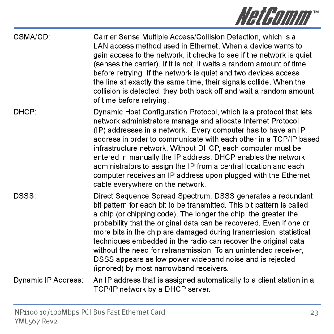 NetComm NP1100 manual Csma/Cd, Dhcp, Dsss 