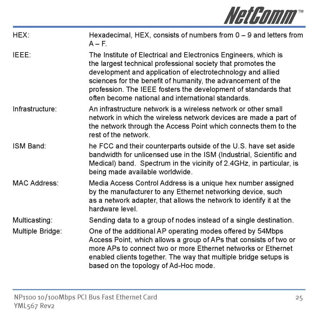 NetComm NP1100 manual Hex, Ieee 