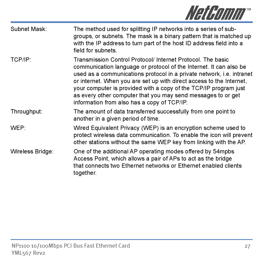 NetComm NP1100 manual Tcp/Ip, Wep 