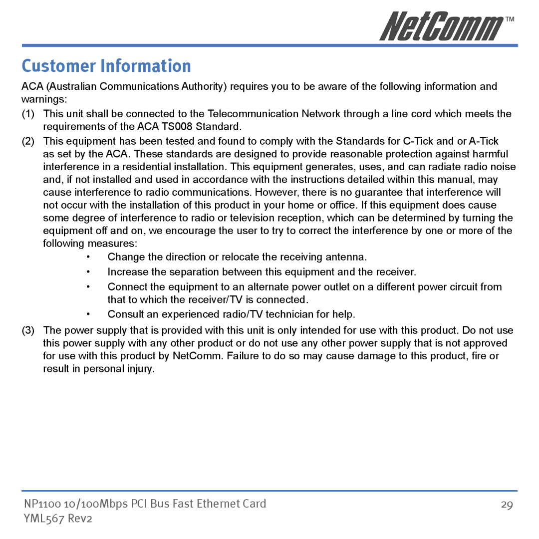 NetComm NP1100 manual Customer Information 