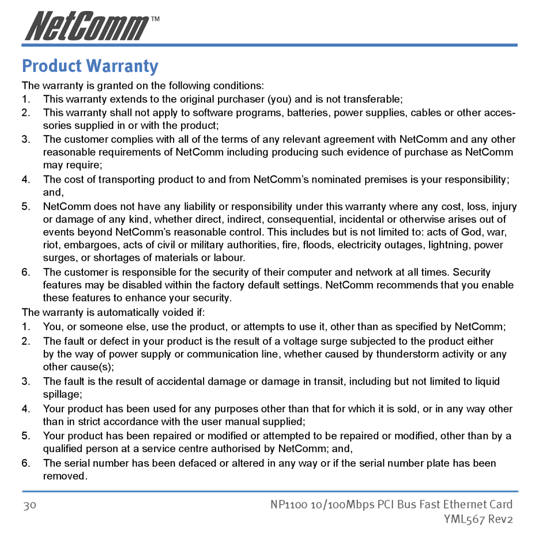 NetComm NP1100 manual Product Warranty 