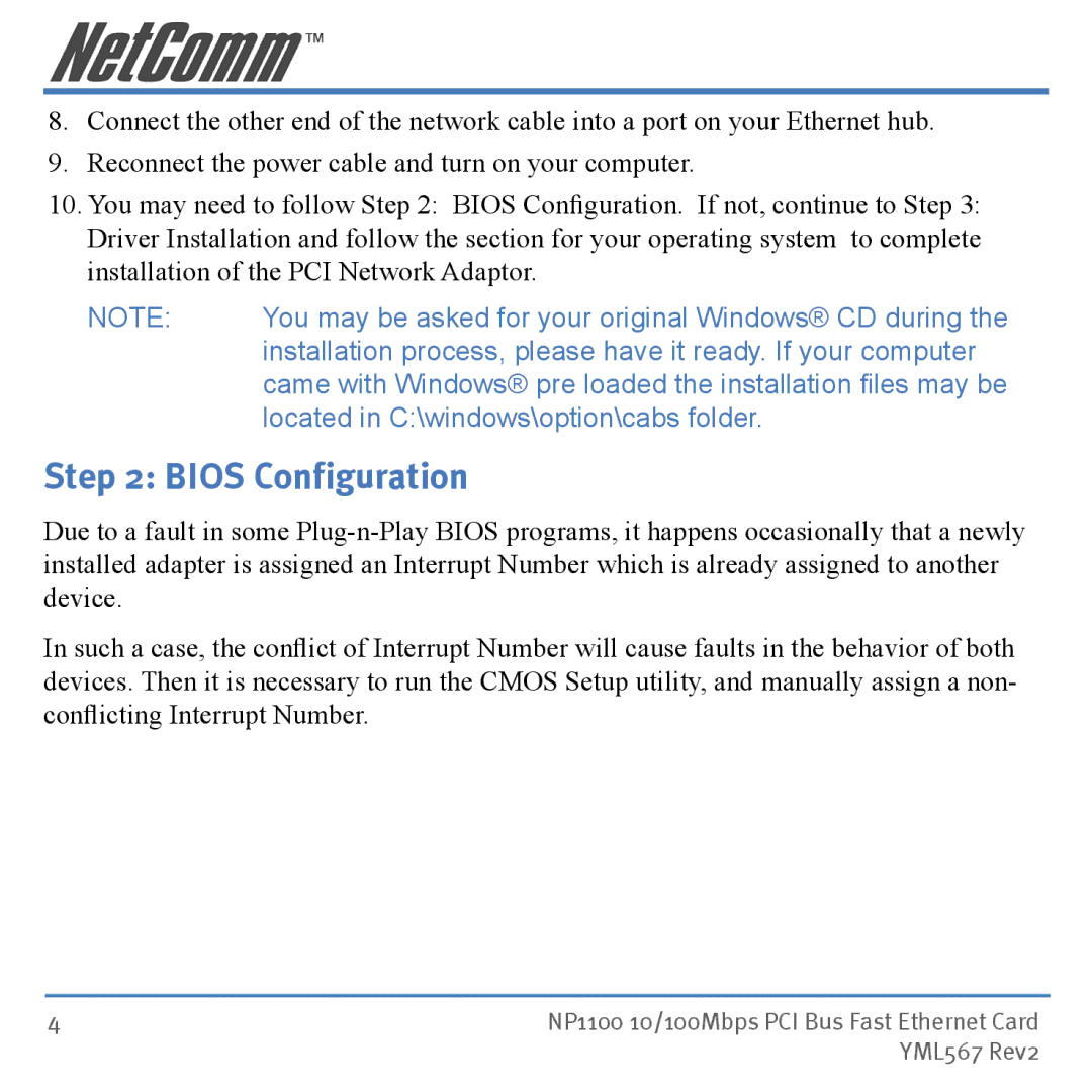 NetComm NP1100 manual Bios Configuration 